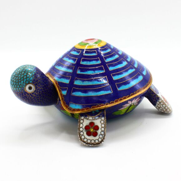Vintage Cloisonné Turtle Trinket Box Blue Enamel Brass Figurine Lidded Shell - Picture 7 of 8